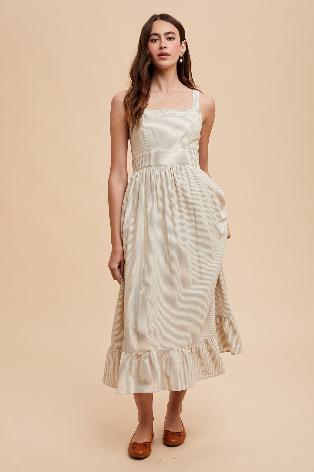 Beige Striped Cotton Sleeveless Maternity Dress