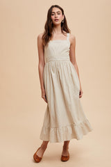 Beige Striped Cotton Sleeveless Dress