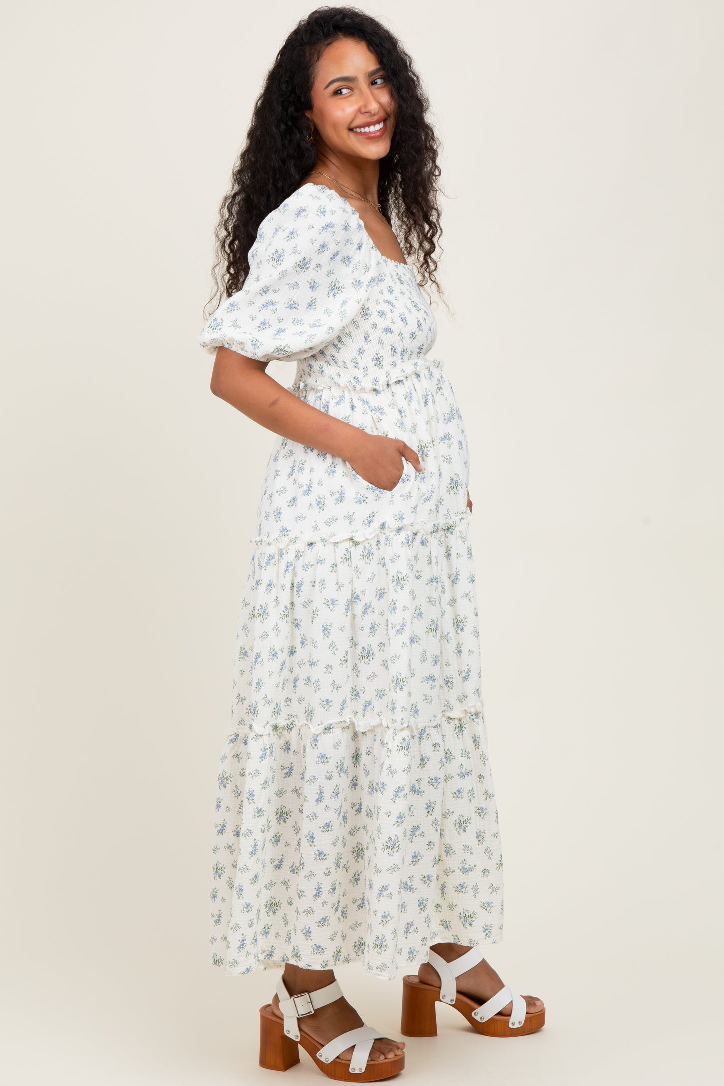 Blue Floral Smocked Ruffle Tiered Maternity Maxi Dress