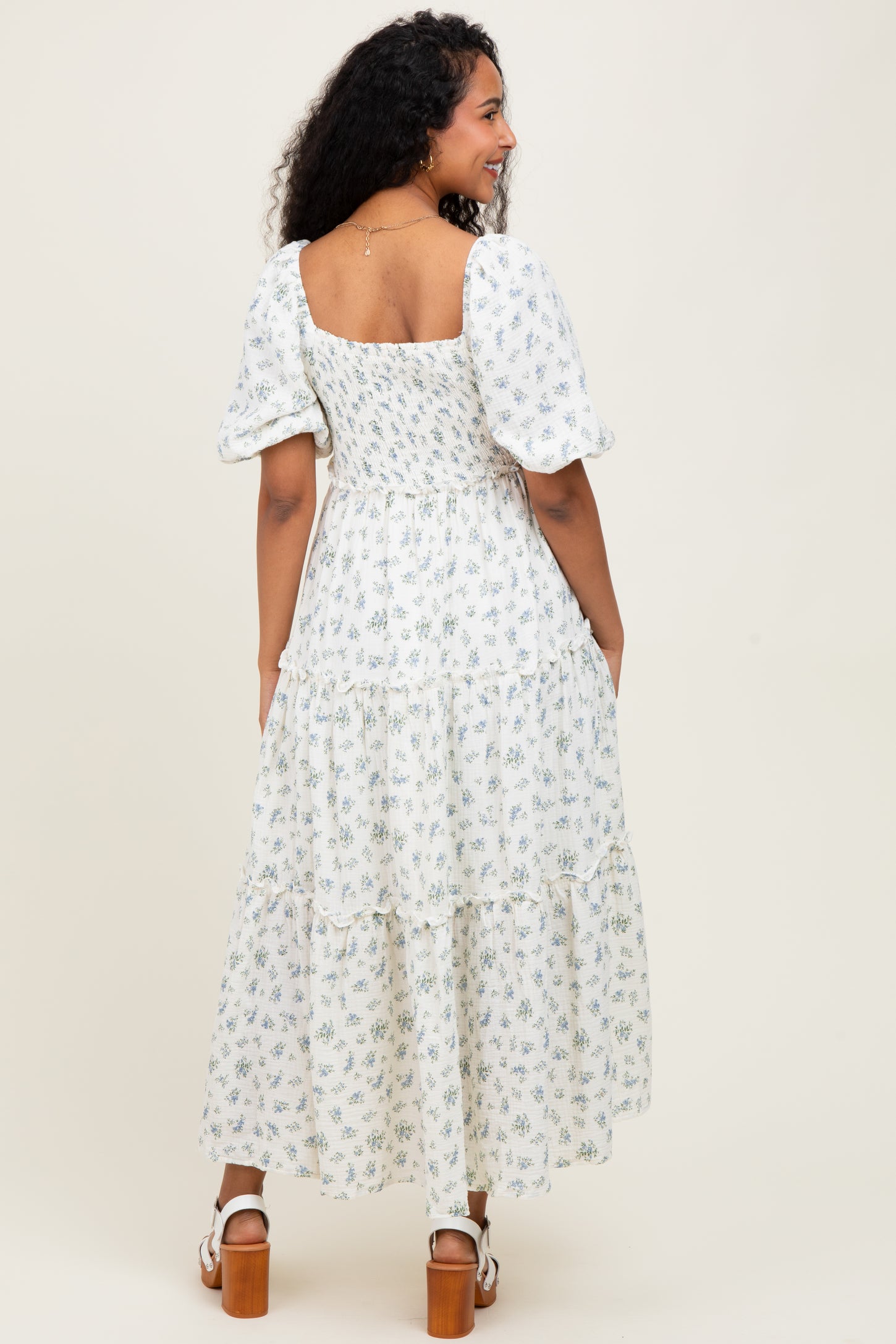 Blue Floral Smocked Ruffle Tiered Maternity Maxi Dress