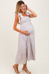 Light Taupe Floral Gingham Shoulder Tie Maternity Midi Dress