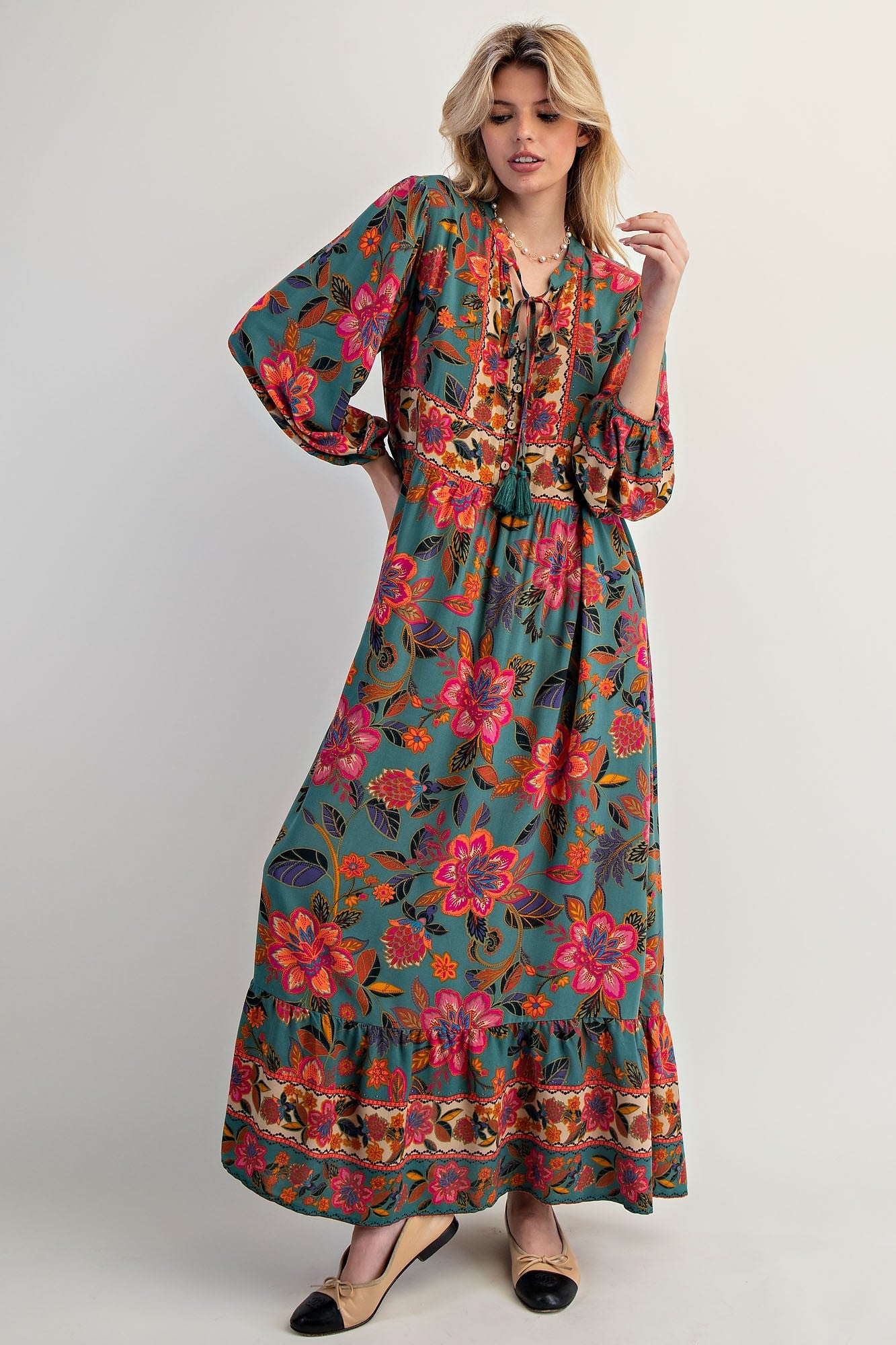 Forest Green Floral Tassel Tie Long Sleeve Maxi Dress
