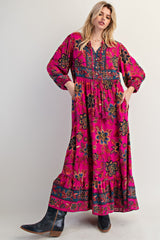 Magenta Floral Tassel Tie Long Sleeve Maternity Maxi Dress