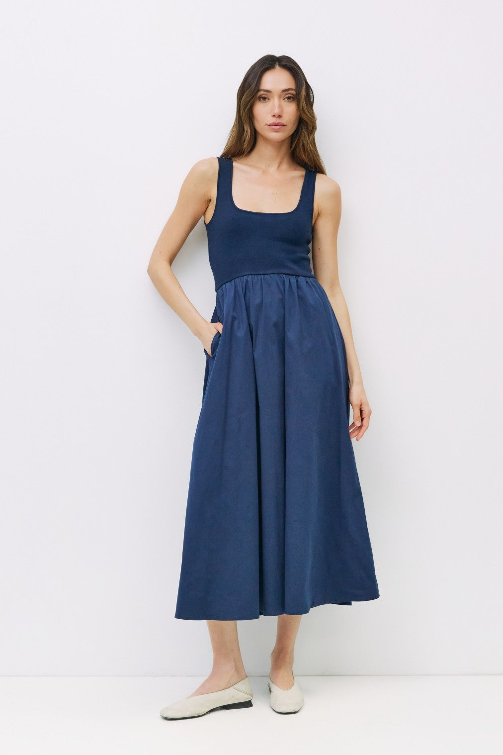 Navy Contrast Knit Poplin Sleeveless Midi Dress