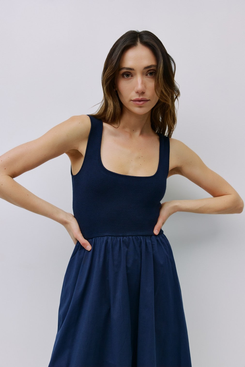 Navy Contrast Knit Poplin Sleeveless Midi Dress