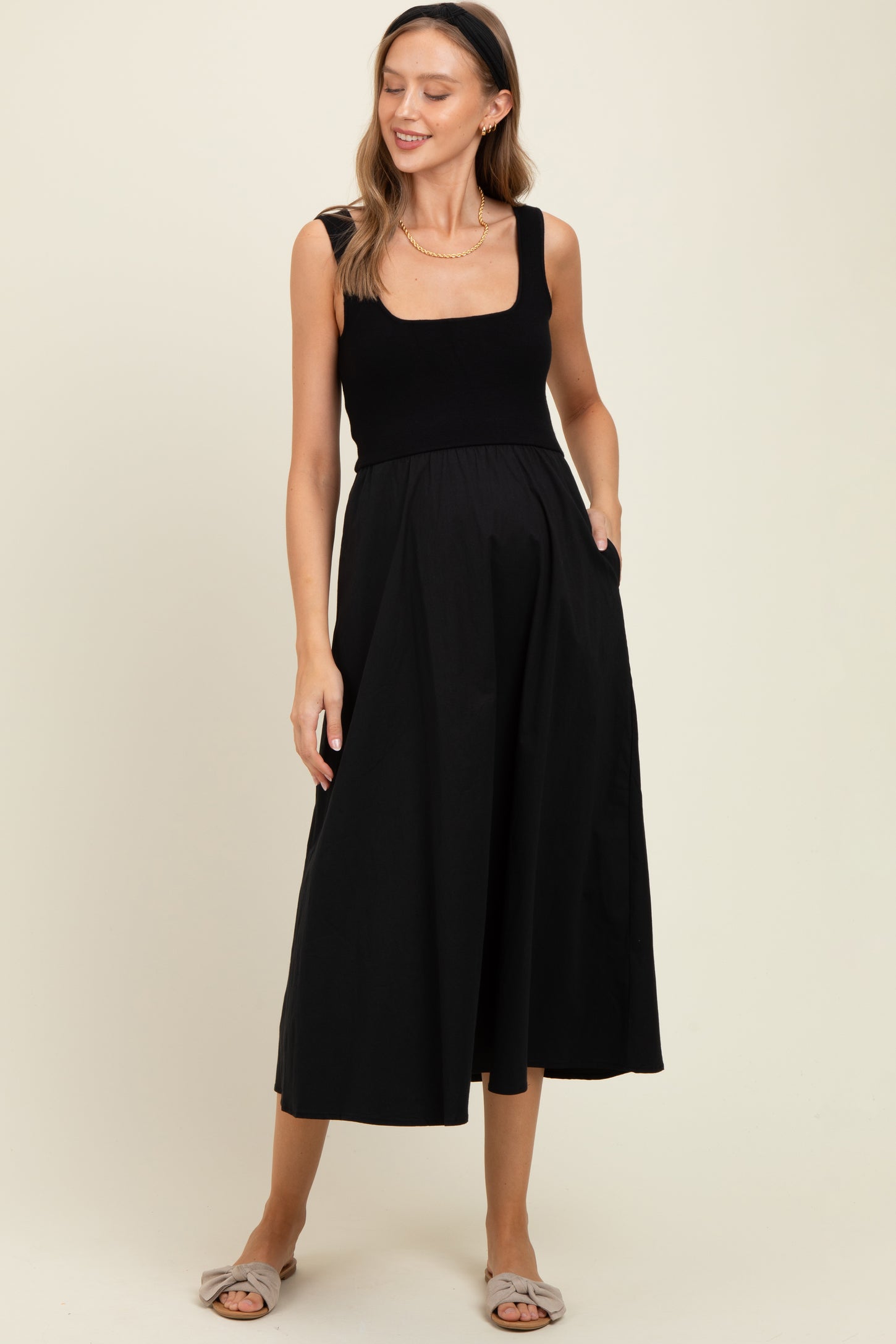 Black Contrast Knit Poplin Sleeveless Maternity Midi Dress
