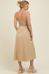 Light Camel Contrast Knit Poplin Sleeveless Maternity Midi Dress