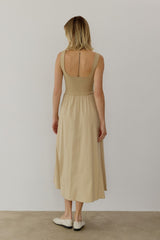 Light Camel Contrast Knit Poplin Sleeveless Midi Dress