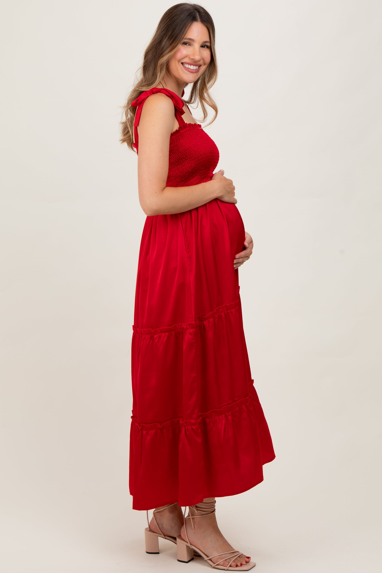 Red Satin Smocked Shoulder Tie Maternity Maxi Dress