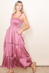Pink Satin Smocked Maxi Dress