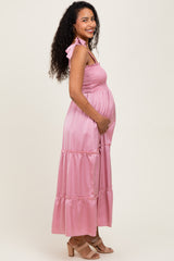 Pink Satin Smocked Maternity Maxi Dress