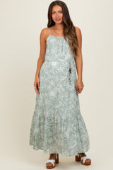 Light Olive Floral Sleeveless Waist Tie Maternity Maxi Dress