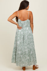 Light Olive Floral Sleeveless Waist Tie Maternity Maxi Dress