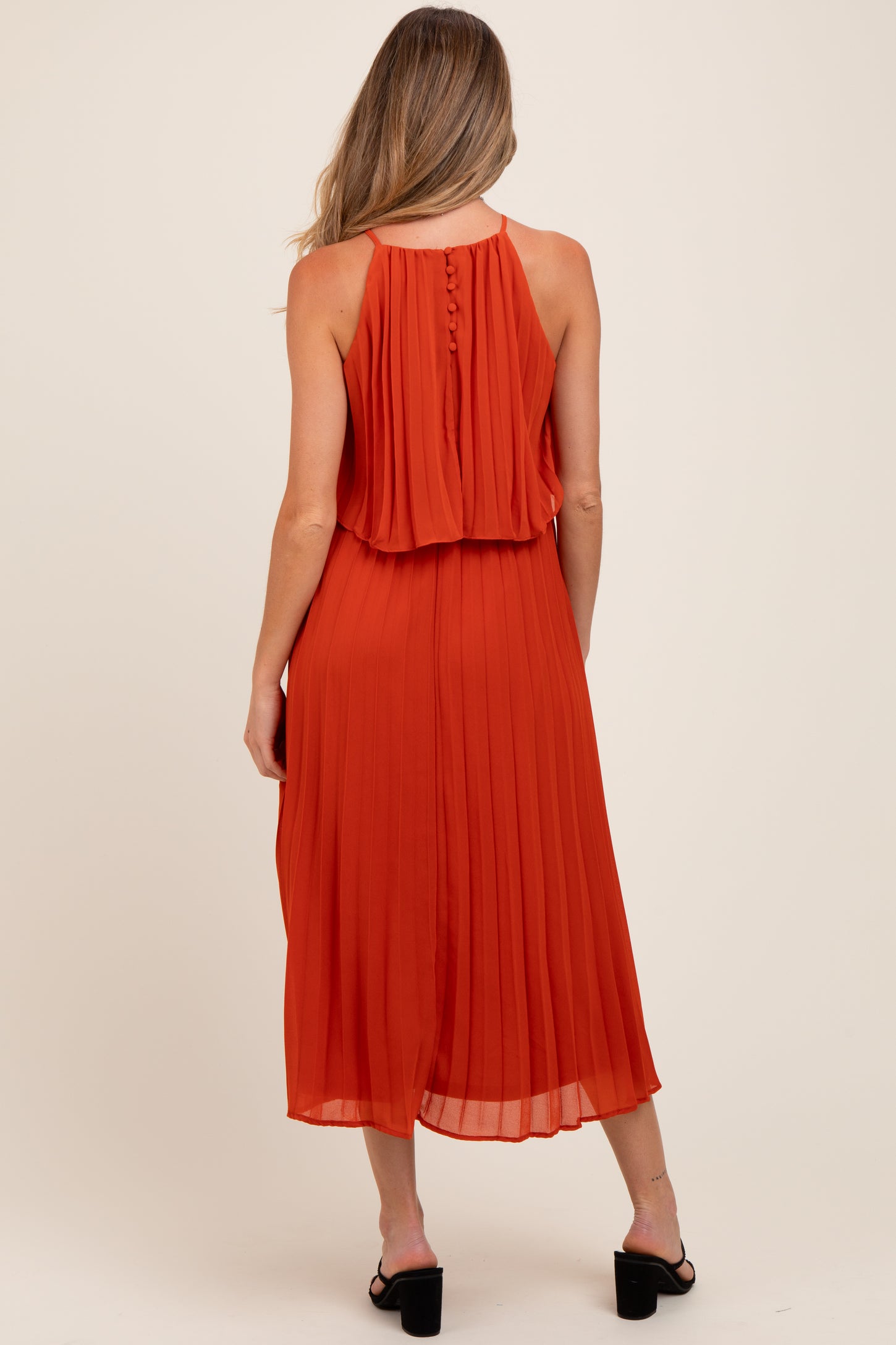 Rust Pleated Woven Maternity Midi Dress