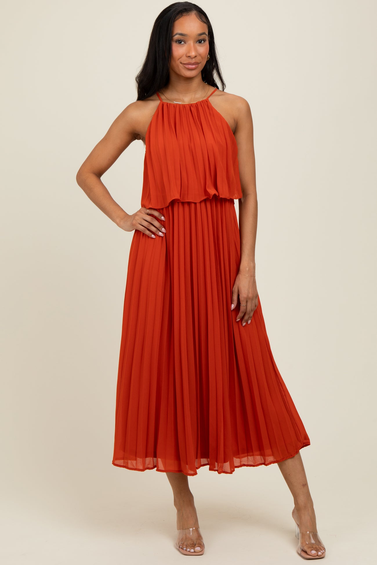 Rust Pleated Woven Midi Dress