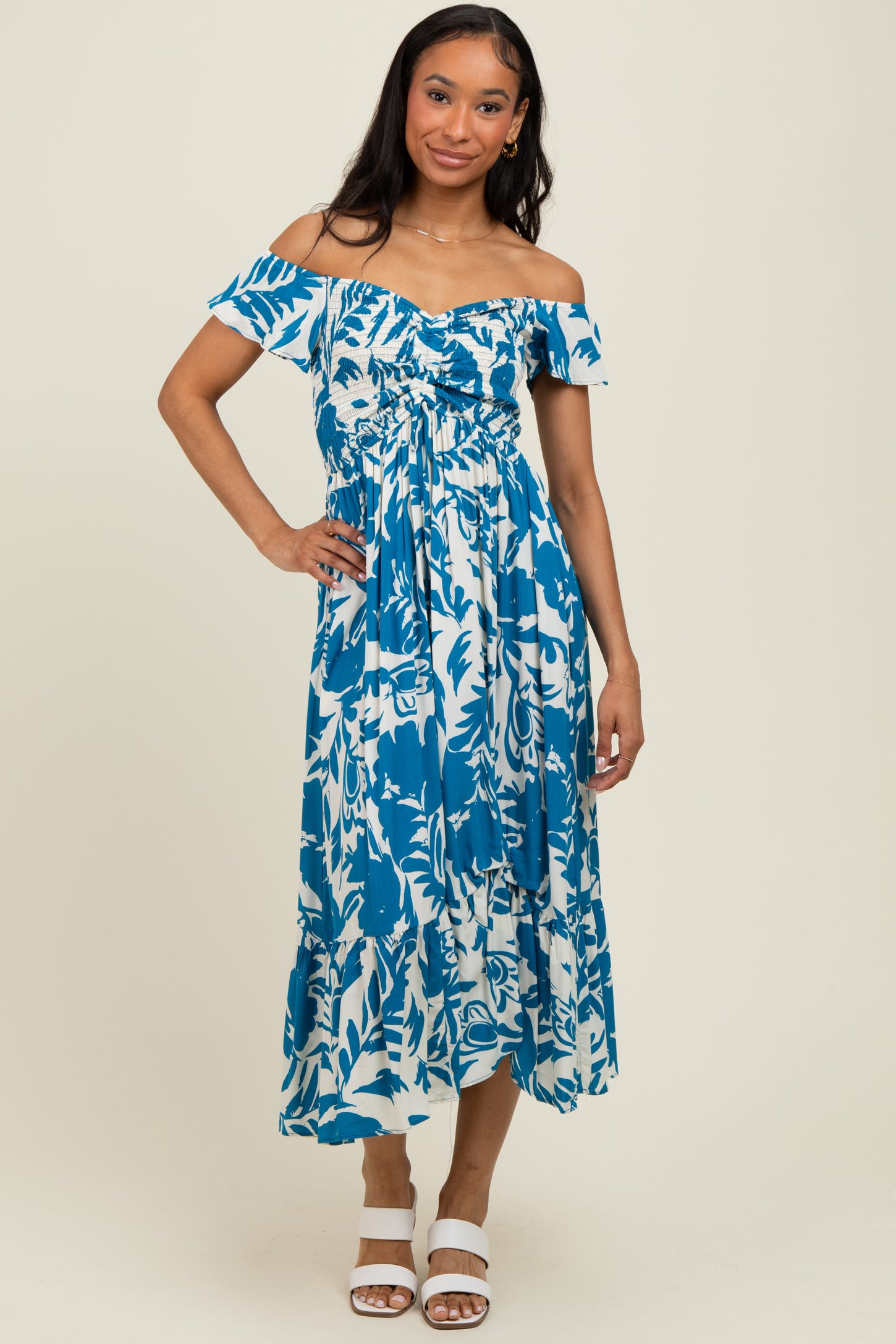 Blue Cream Smocked Top Midi Dress