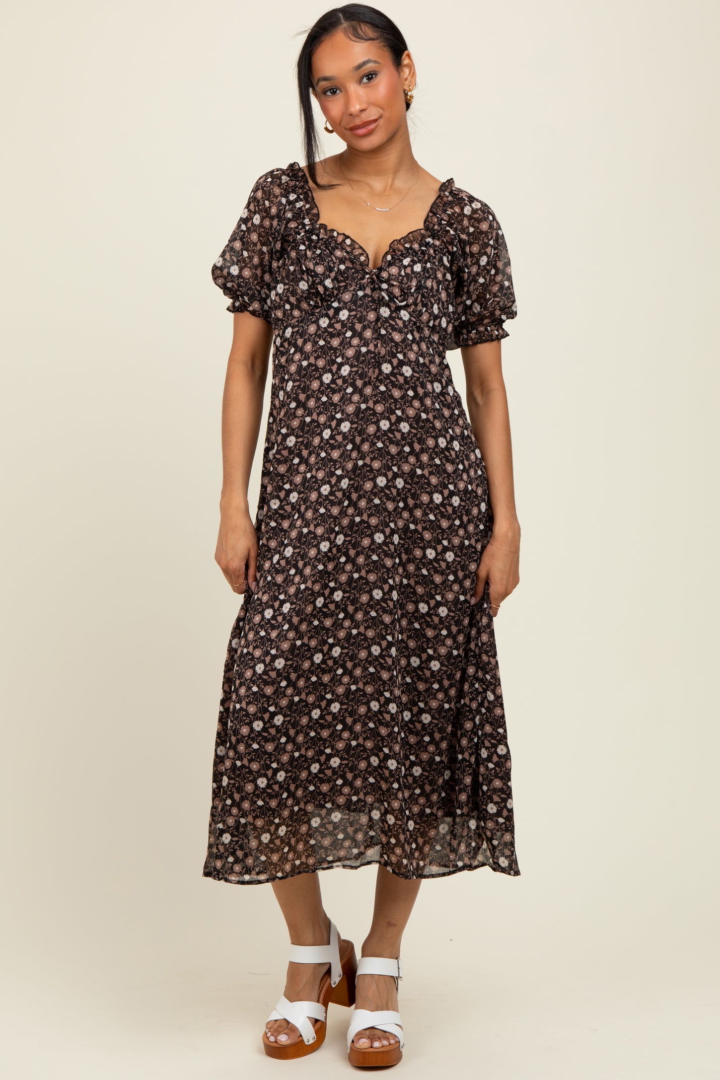 Black Floral Chiffon Sweetheart Puff Sleeve Maternity Midi Dress