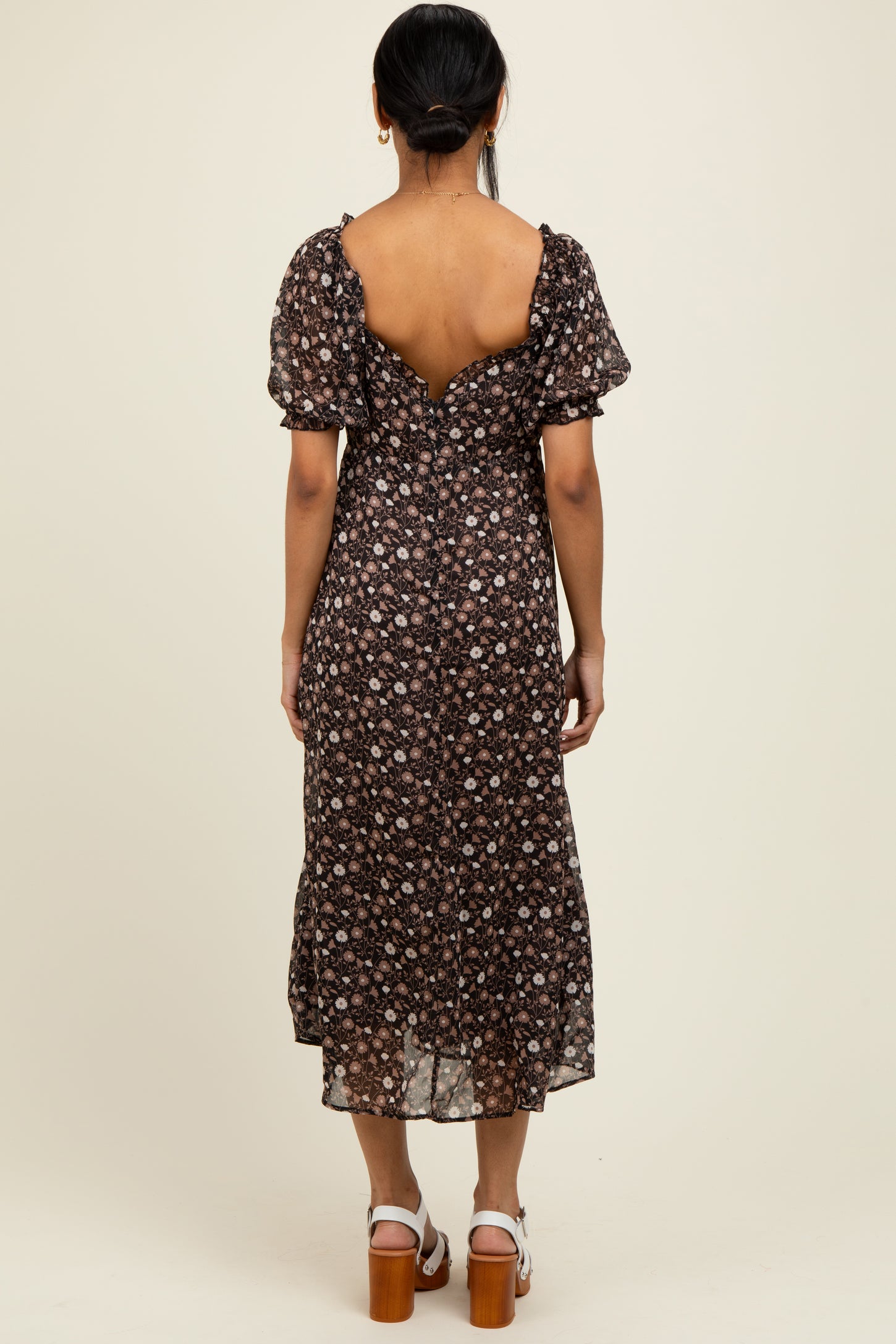 Black Floral Chiffon Sweetheart Puff Sleeve Midi Dress