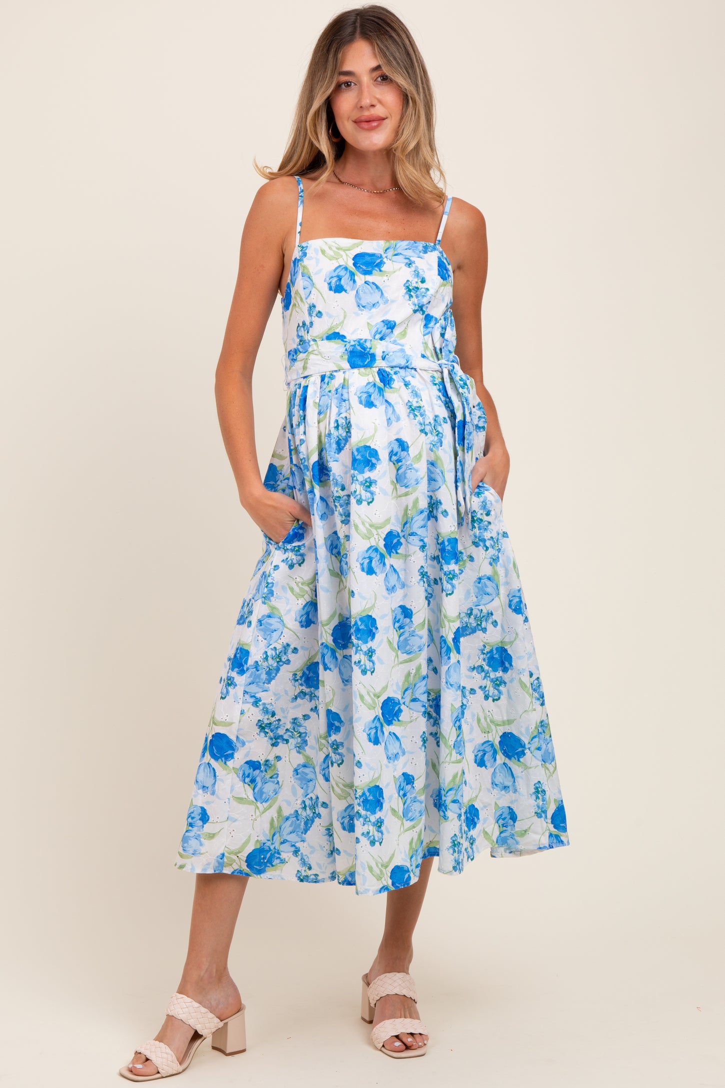 Blue Floral Sleeveless Sash Tie Maternity Midi Dress