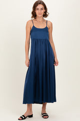 Navy Satin Sleeveless Tie-Back Maternity Midi Dress