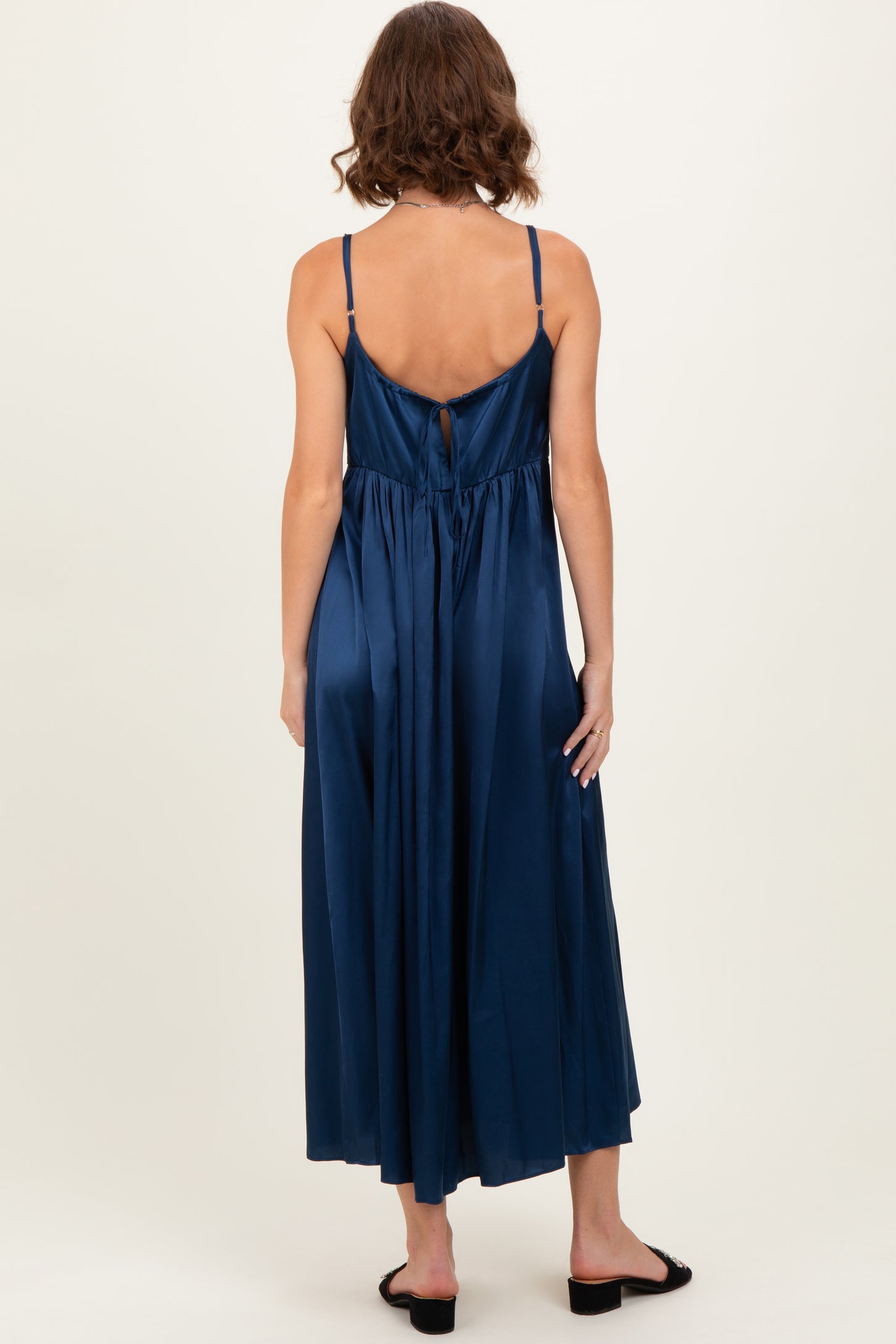 Navy Satin Sleeveless Tie-Back Midi Dress