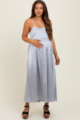 Light Grey Satin Sleeveless Tie-Back Maternity Midi Dress