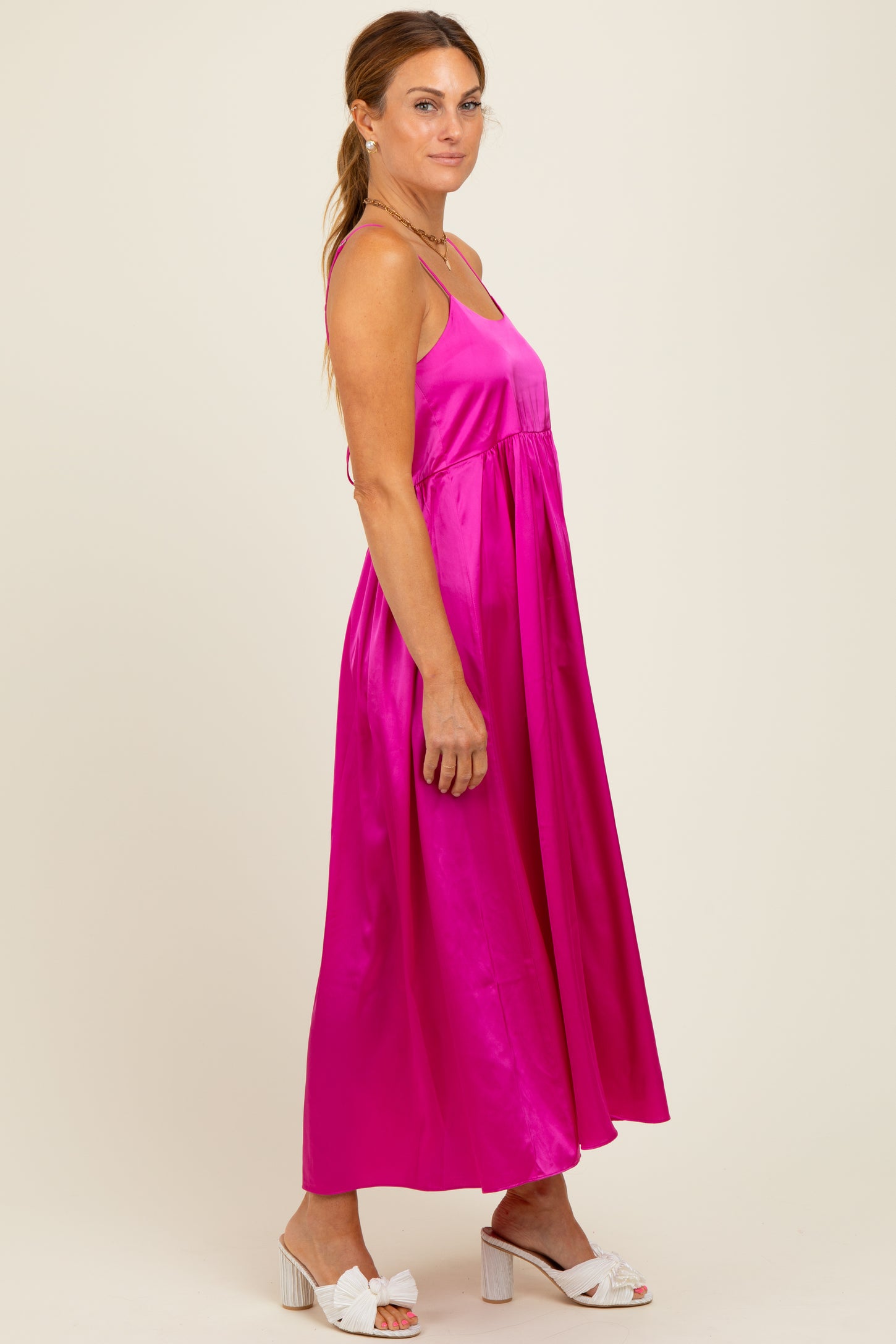 Fuchsia Satin Sleeveless Tie-Back Midi Dress
