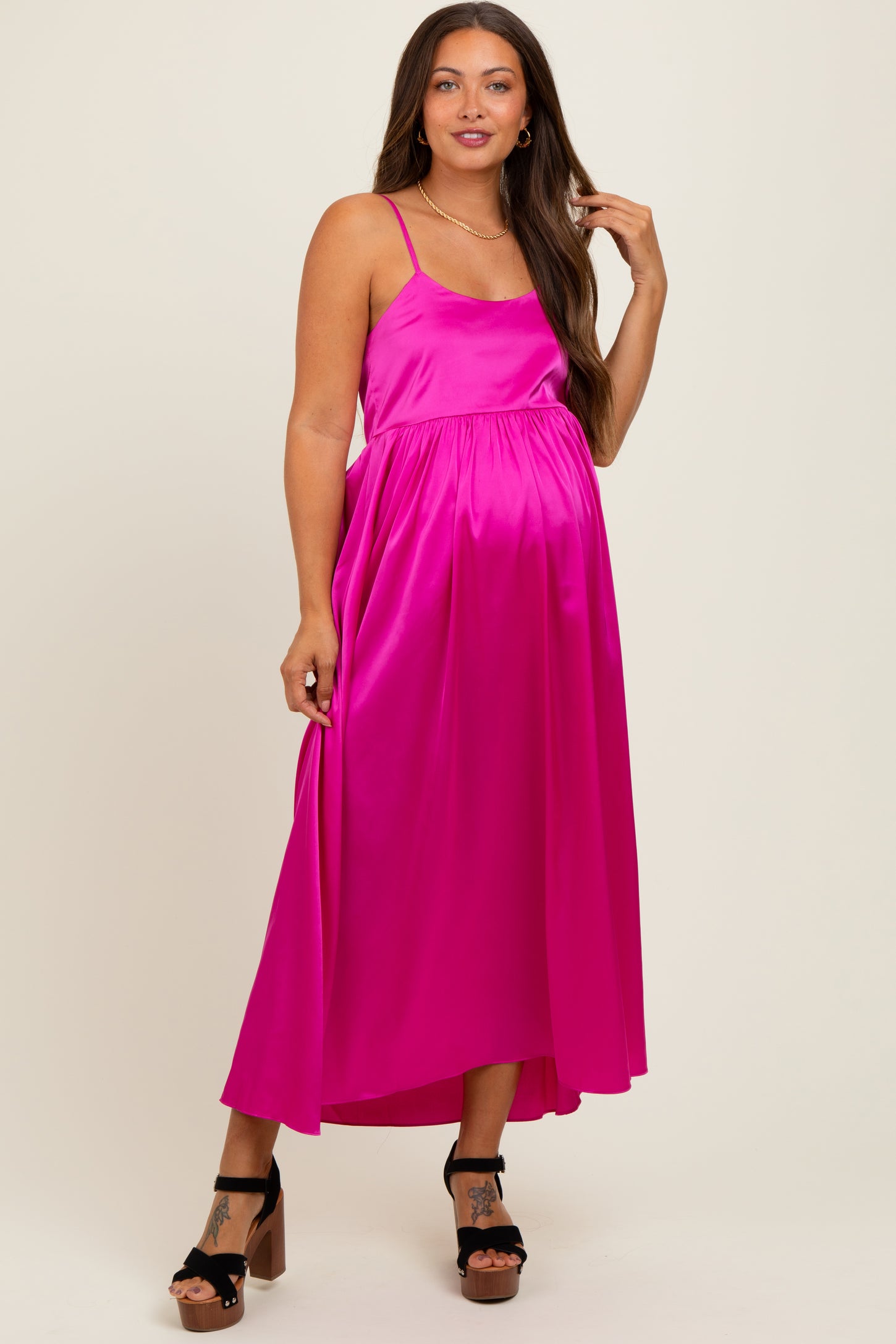 Fuchsia Satin Sleeveless Tie-Back Maternity Midi Dress