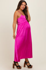 Fuchsia Satin Sleeveless Tie-Back Maternity Midi Dress