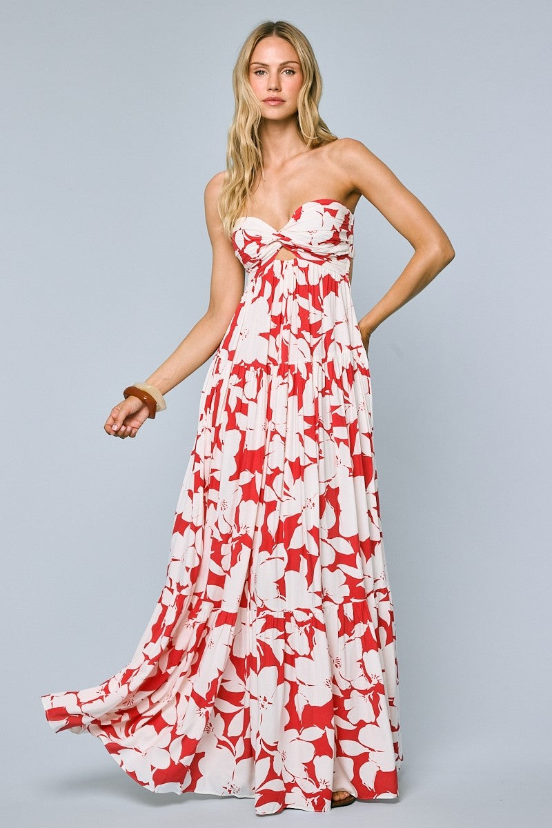 Red Floral Strapless Cutout Back Maxi Dress