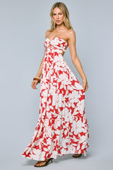 Red Floral Strapless Cutout Back Maxi Dress