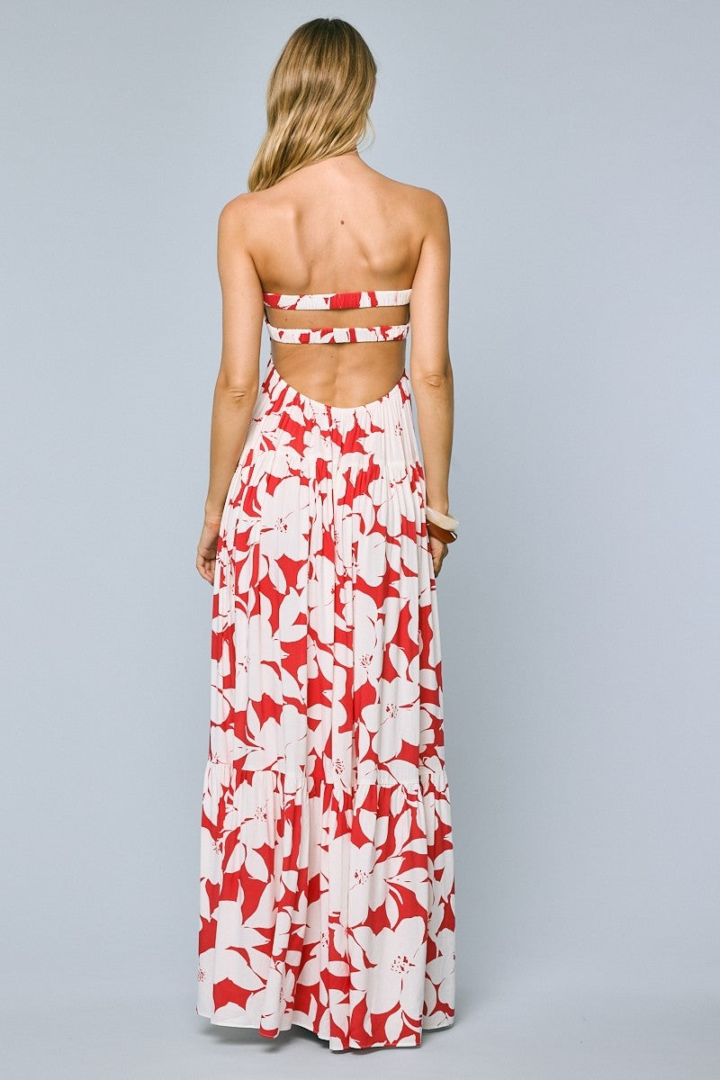 Red Floral Strapless Cutout Back Maxi Dress