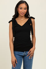 Black Solid Ribbed Sleeveless Tie V-Neck Top