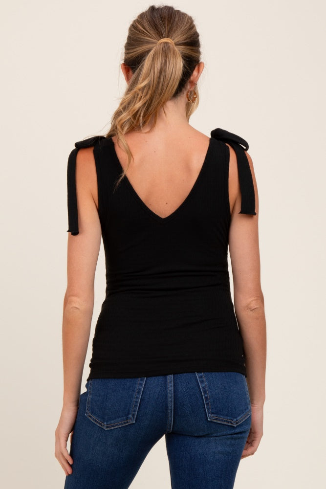 Black Solid Ribbed Sleeveless Tie V-Neck Maternity Top