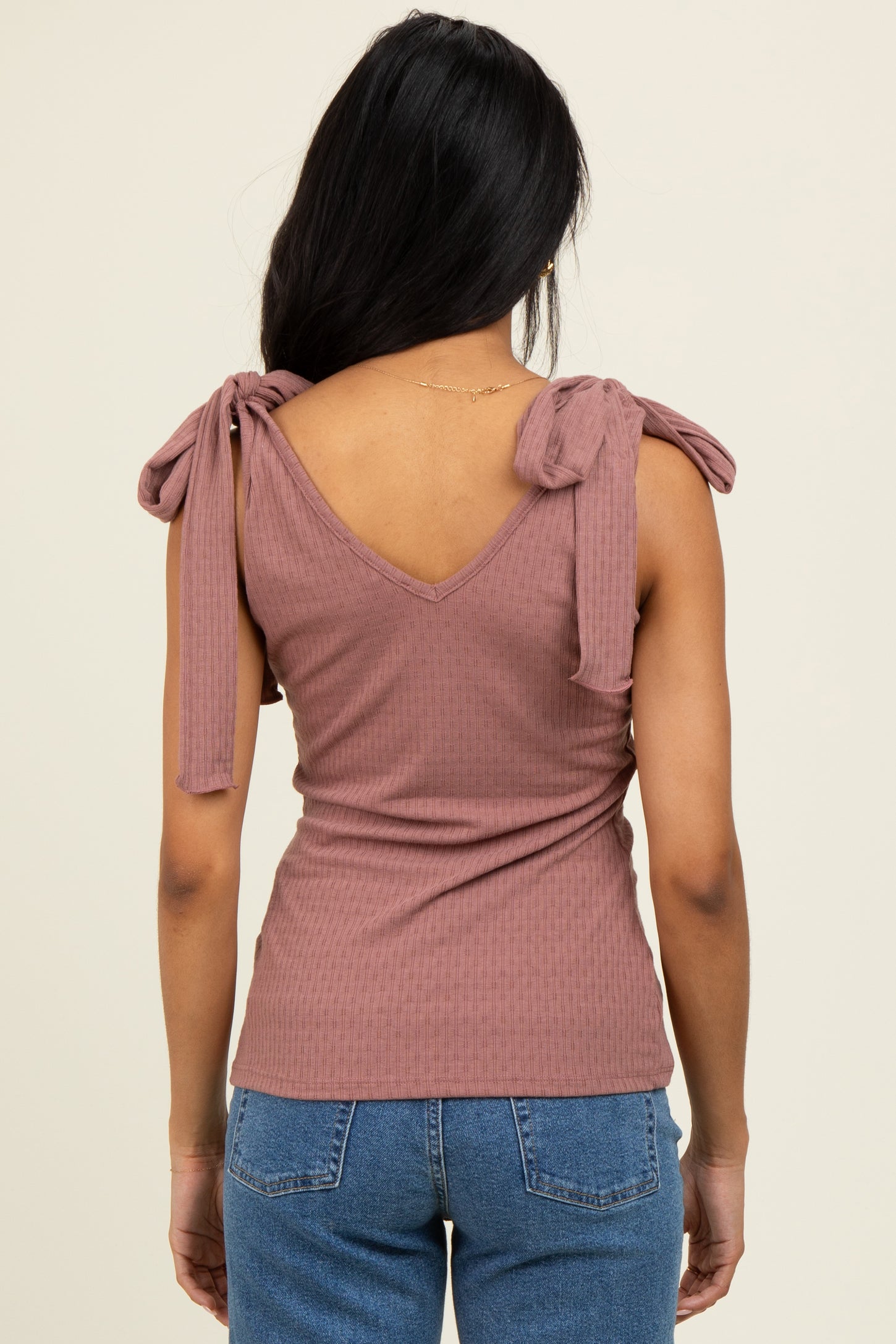 Mauve Solid Ribbed Sleeveless Tie V-Neck Top