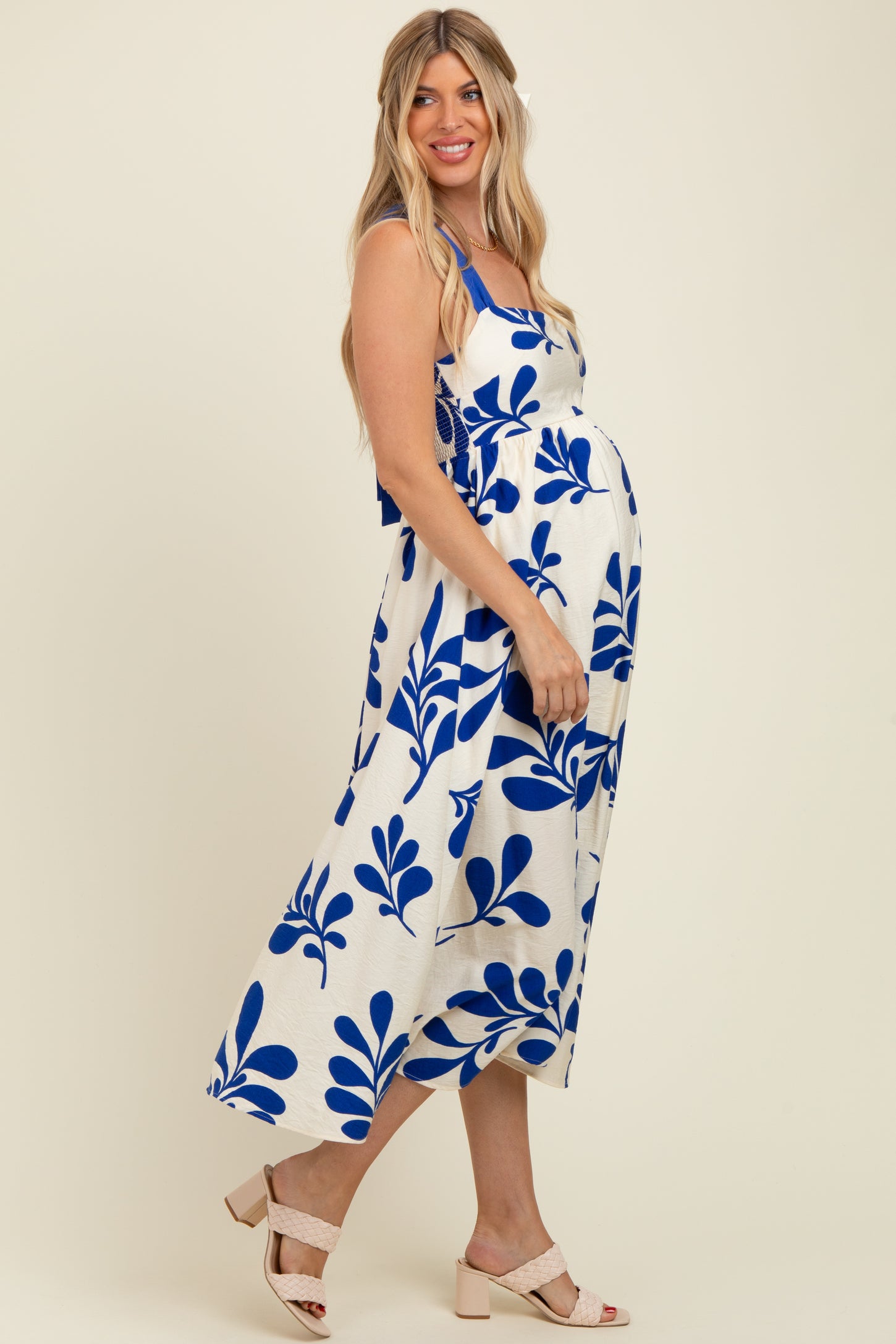 Royal Blue Leaf Print Tie Back Cutout Maternity Midi Dress