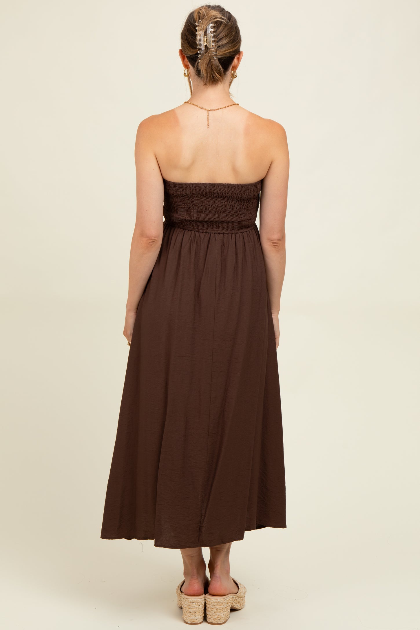 Brown Pleated Bodice Strapless Maternity Midi Dress