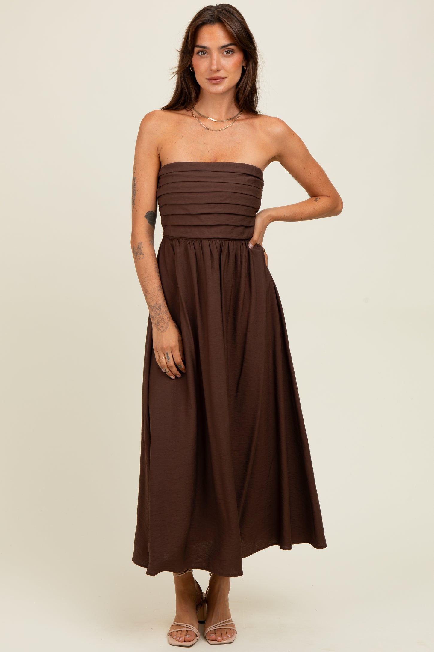 Brown Pleated Bodice Strapless Midi Dress