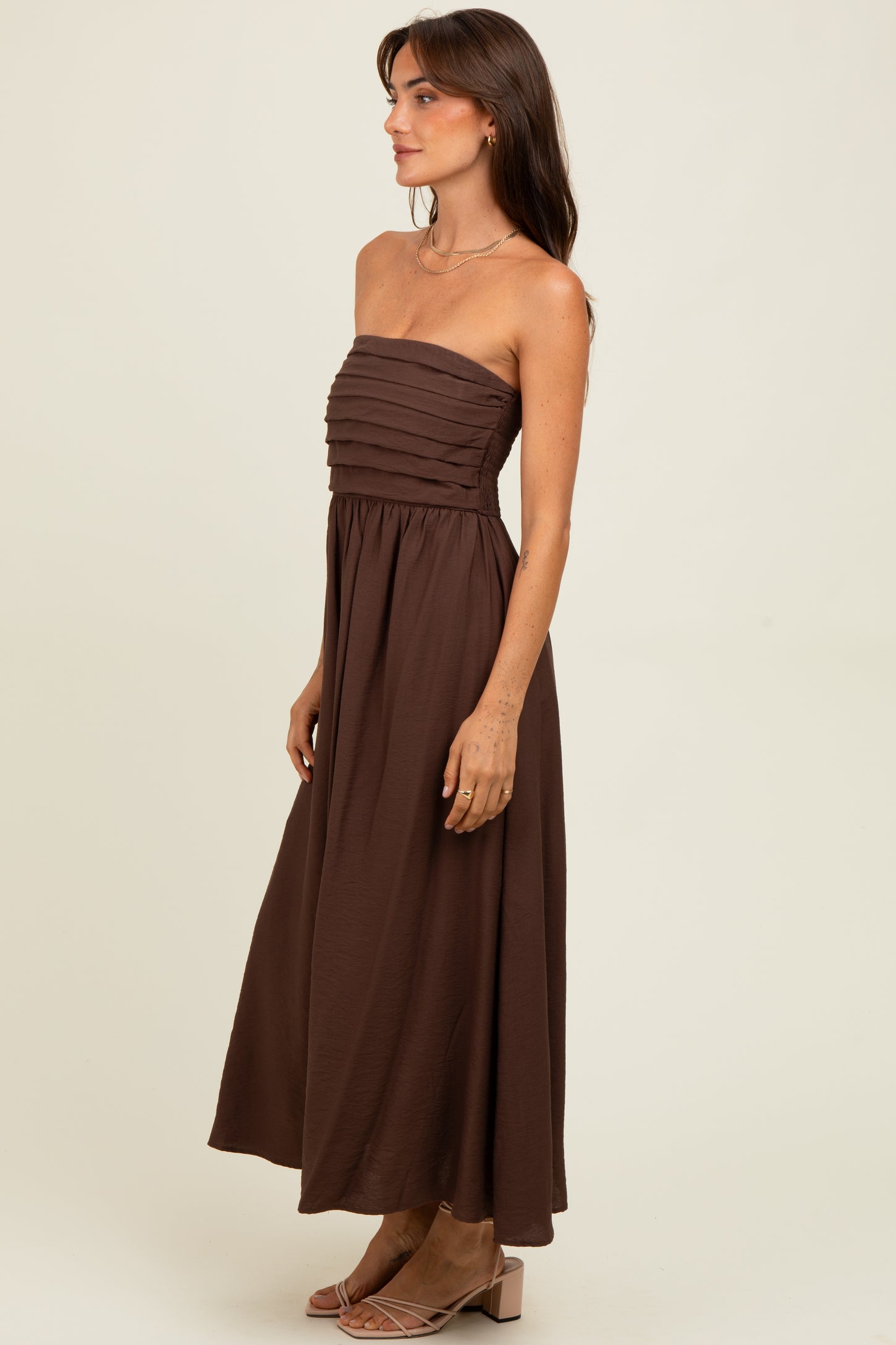 Brown Pleated Bodice Strapless Midi Dress