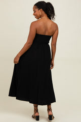 Black Pleated Bodice Strapless Midi Dress