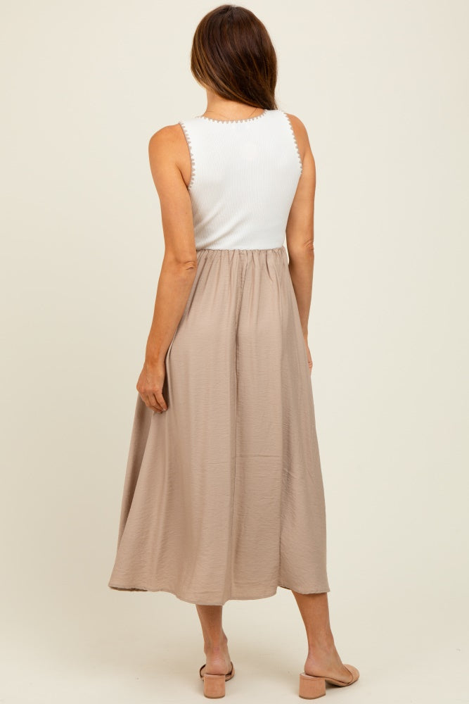 Beige Contrast Knit Top Sleeveless Midi Dress