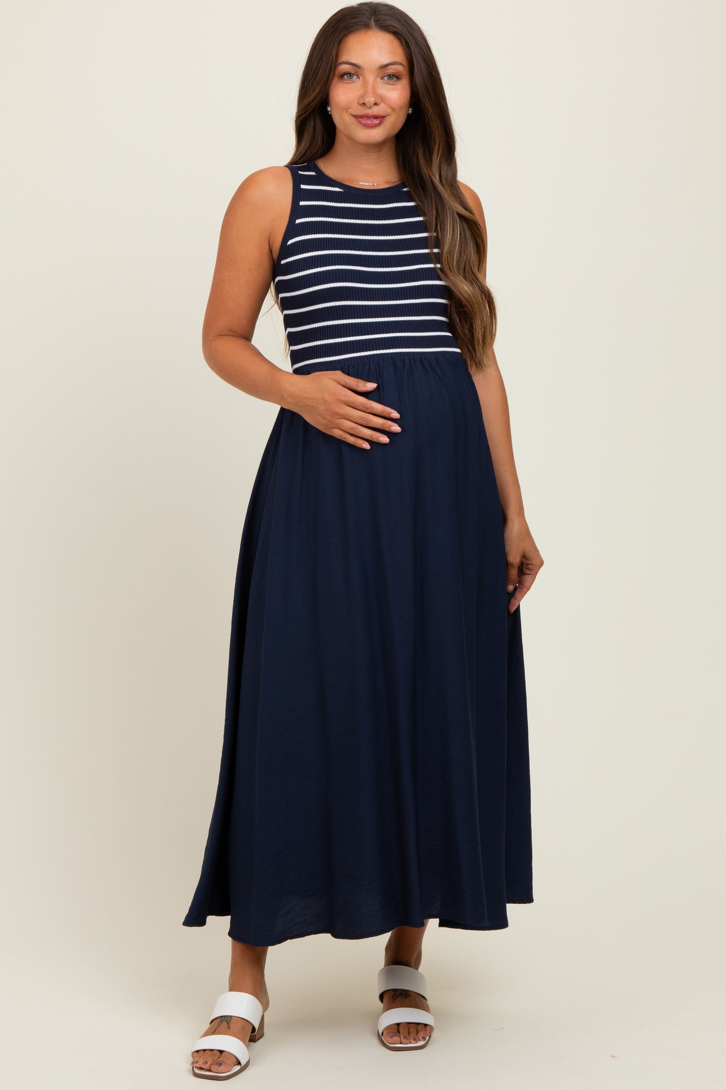 Navy Contrast Striped Knit Sleeveless Maternity Midi Dress