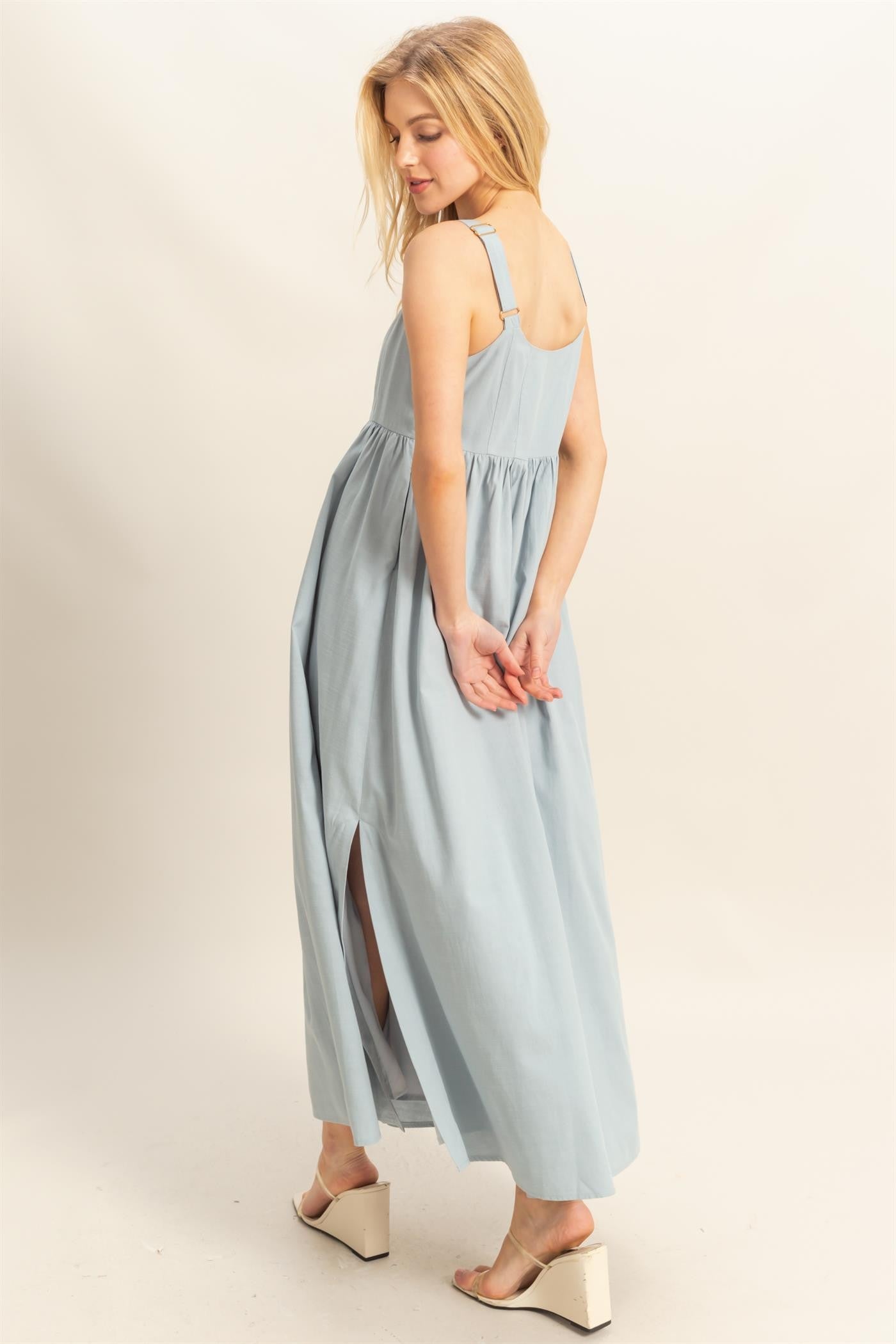 Light Blue Square Neck Fit And Flare Midi Dress