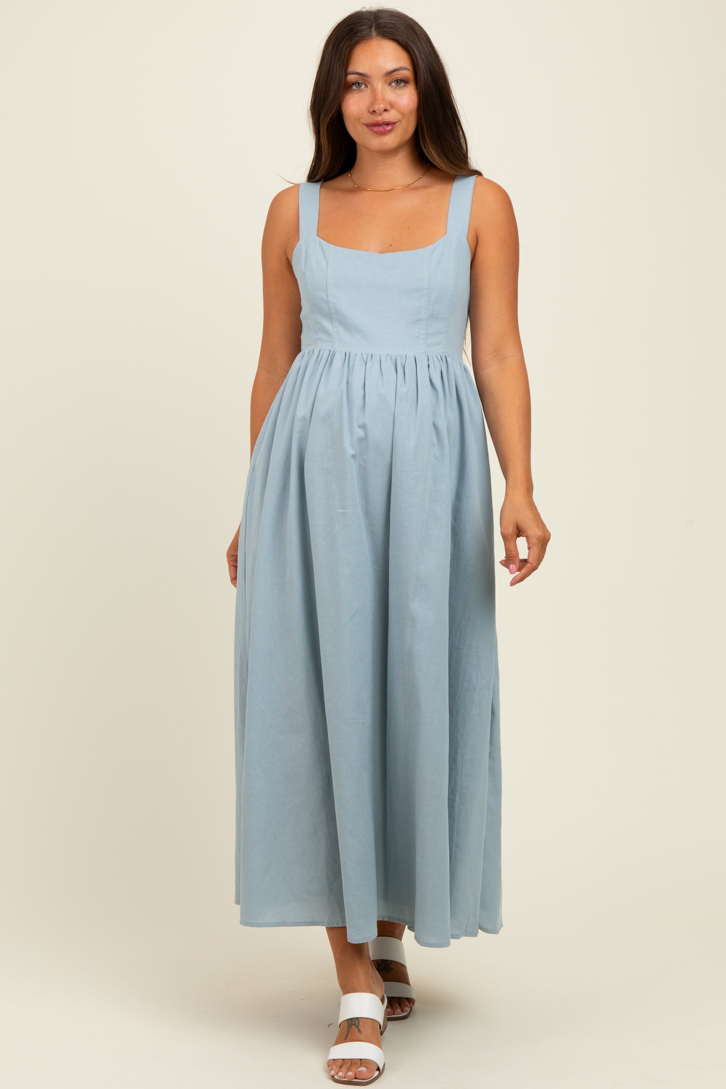 Light Blue Square Neck Fit And Flare Maternity Midi Dress