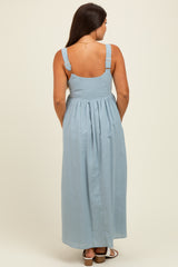 Light Blue Square Neck Fit And Flare Maternity Midi Dress