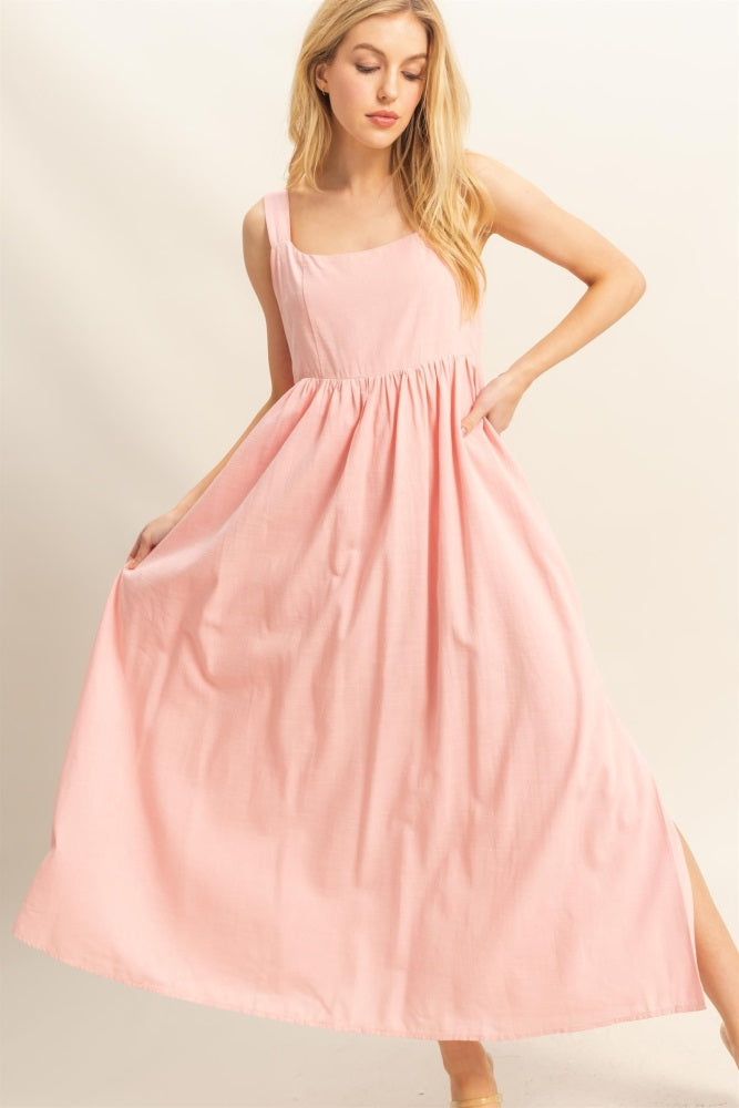 Pink Square Neck Fit And Flare Midi Dress