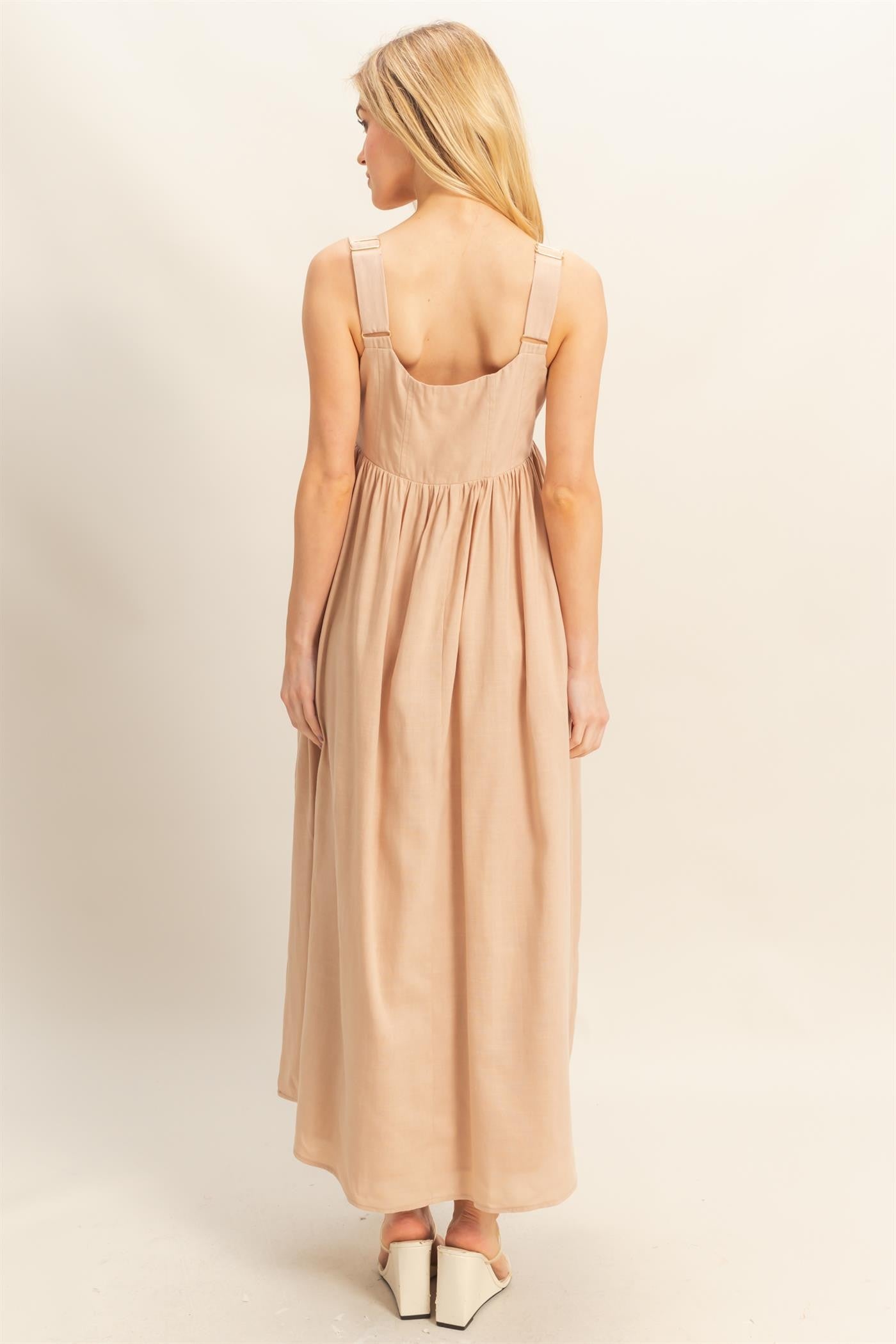 Beige Square Neck Fit And Flare Midi Dress