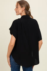 Black Solid Collared Button-Up Maternity Top