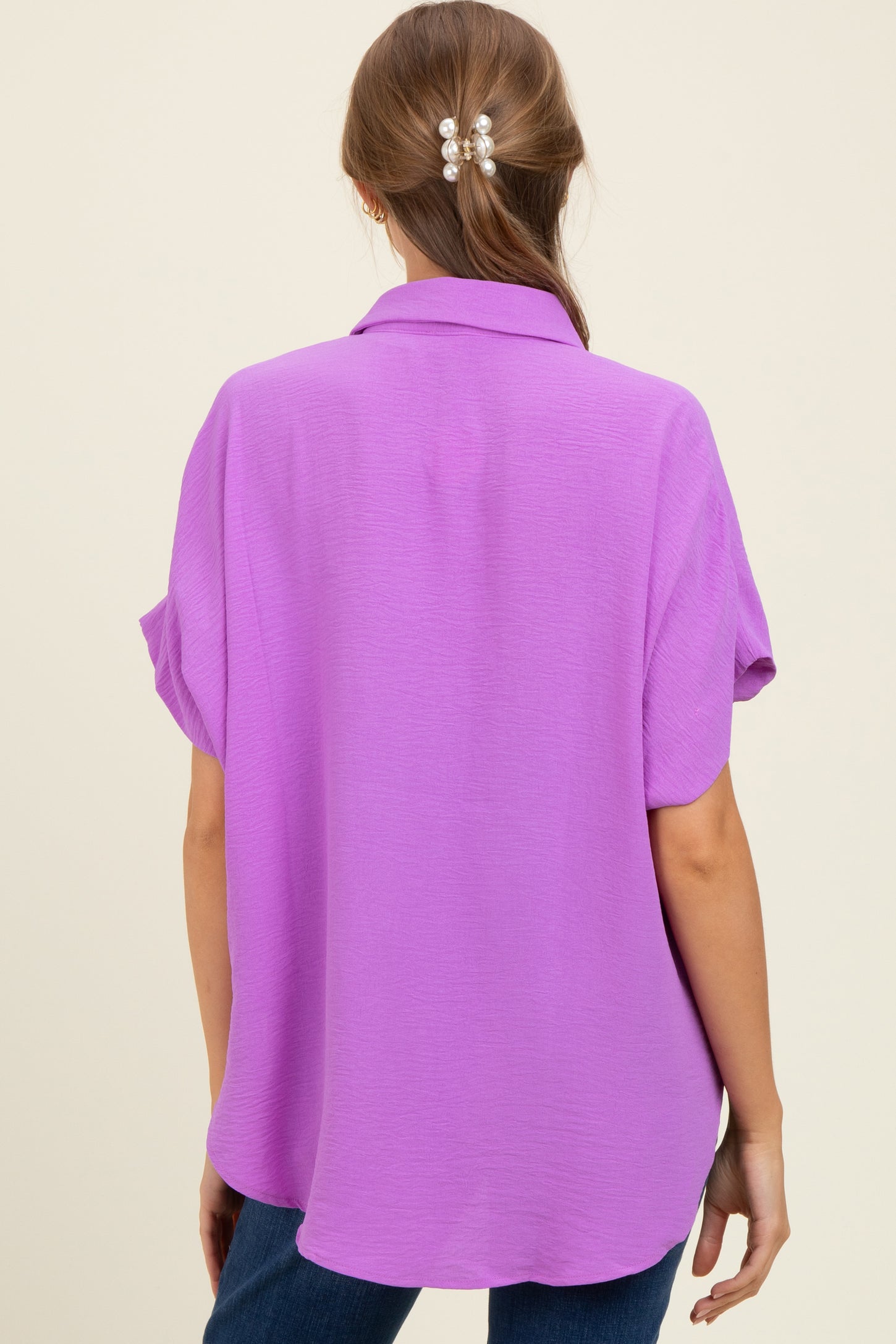 Lavender Solid Collared Button-Up Maternity Top