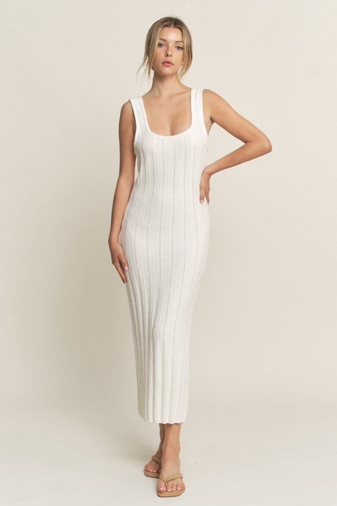 Ivory Wide Ribbed Sweater Knit Midi Dress